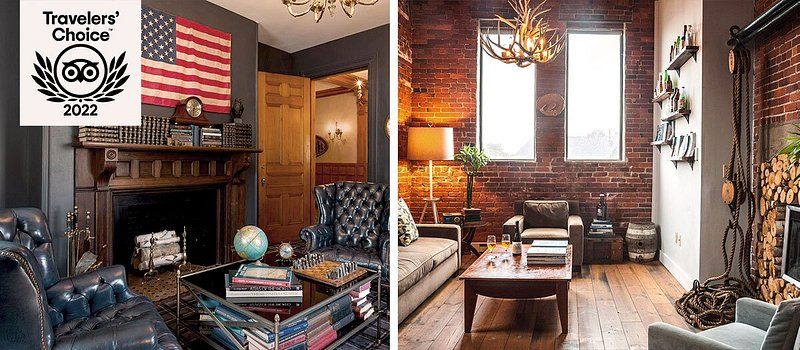 Left: Den-like space with leather chairs, fireplace, lots of books, dark-painted walls and an American flag; Right: Brick-walled sitting area with antler chandelier and fireplace