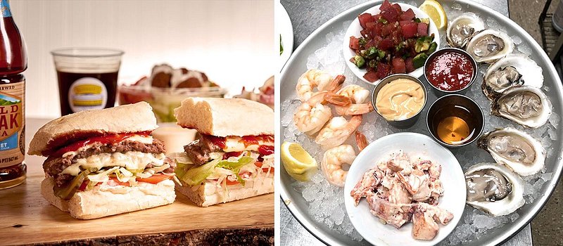 Left: Sub sandwich and other food and drink items; Right: Bowl of ice topped with oysters, shrimp, and sauces