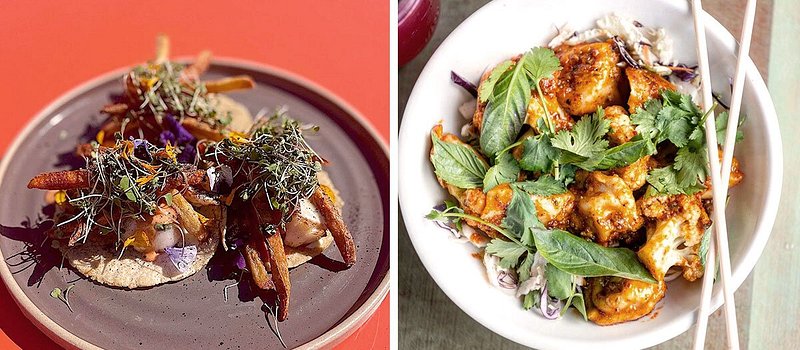 Left: Plate of three fish tacos; Right: Bowl of cauliflower and dumplings