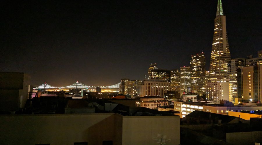 View of the Bay Bridge and Transamerica Pyramid from our east stairwell.