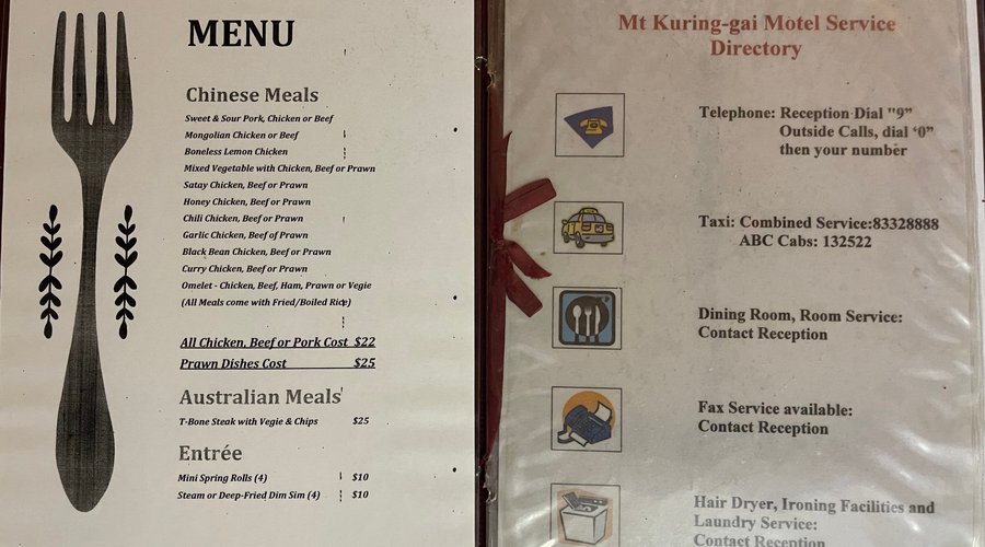 Menu detailing meals available and cost for in room dining.