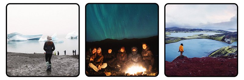 Three photos depicting Reykjavik, Iceland: Photo 1 is of a girl looking at ice glaciers, Photo 2 is a group of people sitting in front of a fire with the Northern Lights behind them, and Photo 3 is a photographer looking out at some lakes in Reykjavik 