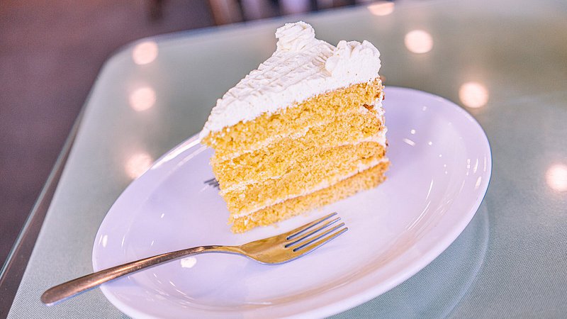 A slice of vegan mango cheesecake served at Rahel Ethiopian Vegan Cuisine