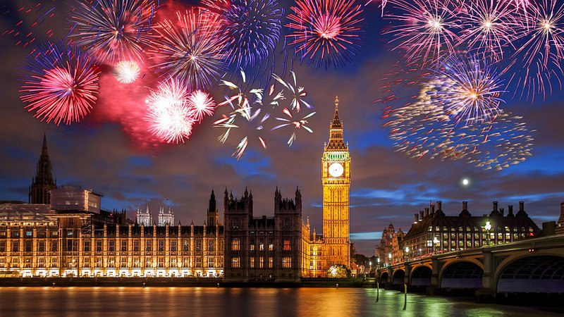 Big Big illuminated by New Year’s Eve fireworks in London, England