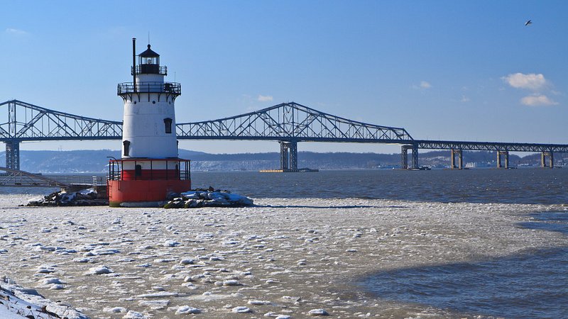 Lighthouse on the icy Hudson River in Tarrytown, New York 