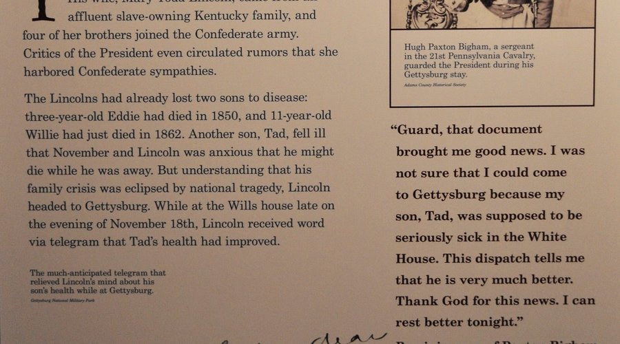 President Lincoln's son health update while in Gettysburg