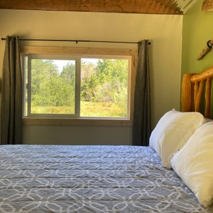 Inside our Foxglove cabin looking out to pond and surrounding woods. Here you will feel you left the world behind.