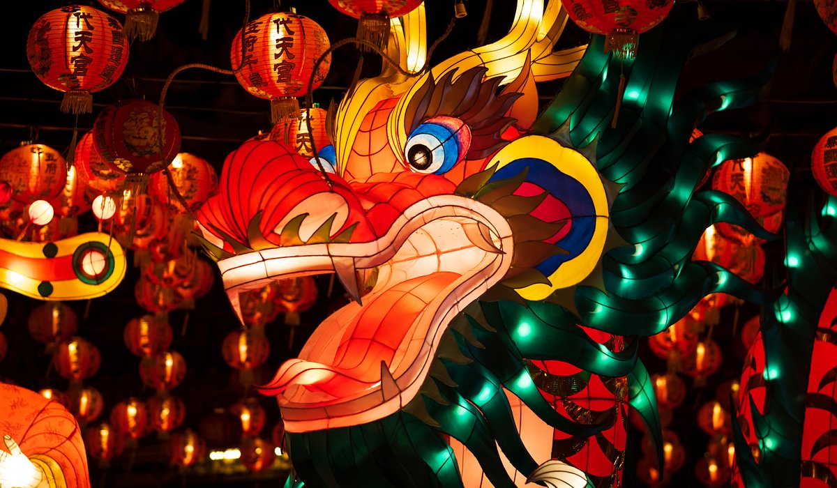 An illuminated Chinese dragon lantern 