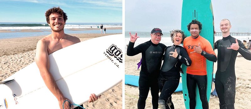 Left: McCain standing on beach, holding a surfboard; Right: Four people in black wetsuits standing on the beach in front of a surfboard
