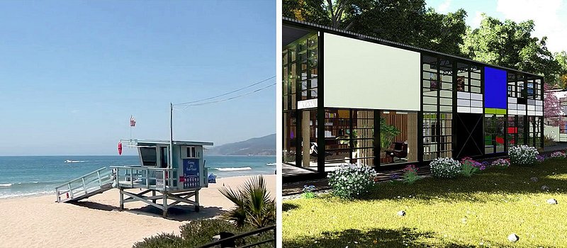 Left: Lifeguard station set on the beach; Right: Exterior of glass Eames House with panels in blue, white, red, and yellow