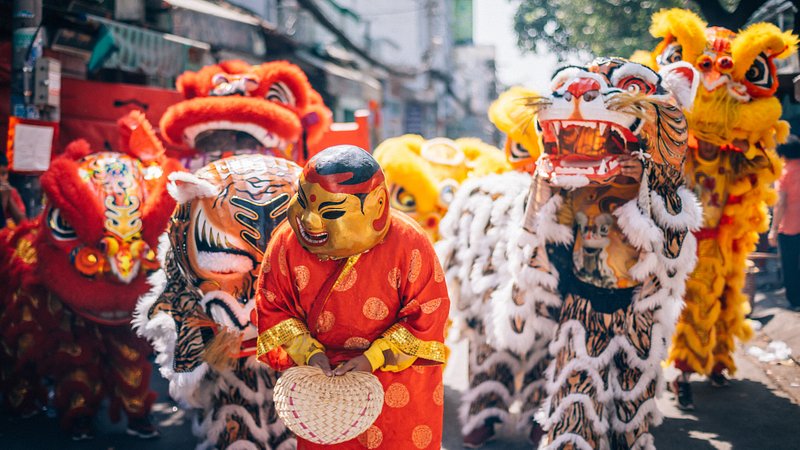 Lion dancers in the celebration of Chinese New Year in Ho Chi Minh City, Vietnam