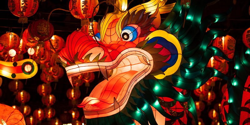 Chinese traditional dragon lantern illuminated at night