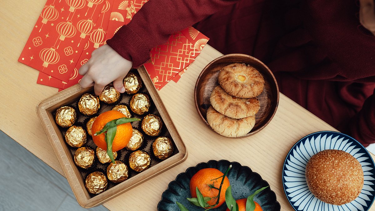 Overhead shot of mandarin chocolates from Lunar New Year candy box