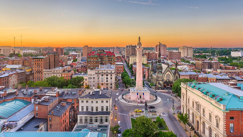 Aerial view of shops and cityscape in Baltimore