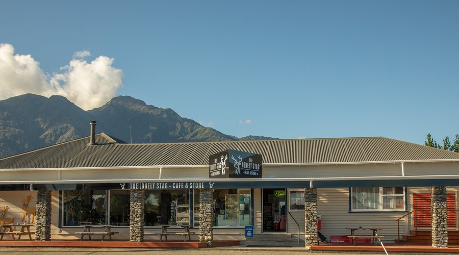 Storefront of The Lonely Stag Cafe & Store, Whataroa, New Zealand. 