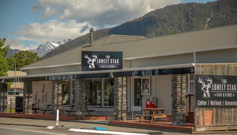 Storefront of The Lonely Stag Cafe & Store, Whataroa, New Zealand. 