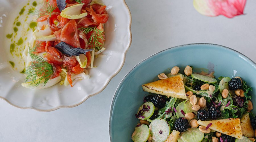 Mountain Cheese Salad and Pink Trout Ceviche with coconut milk, endive, apple, fennel