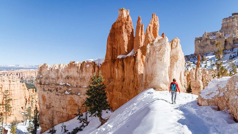 Rear view of hiker walking on snow covered mountain at