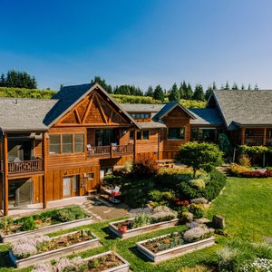 Back of the lodge with organic gardens