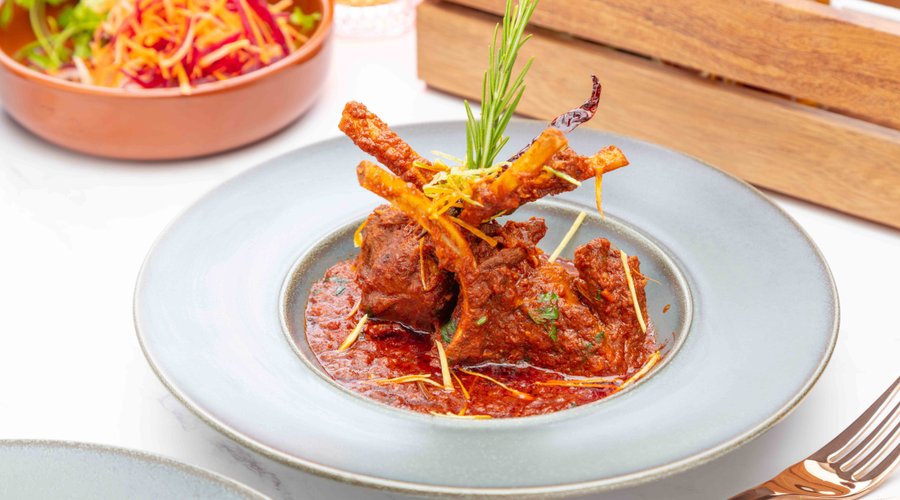 LAMB RACK LAAL MAAS A hunter's recipe of Rajput Kings of yore, lamb rack with mathania chili and whole spices