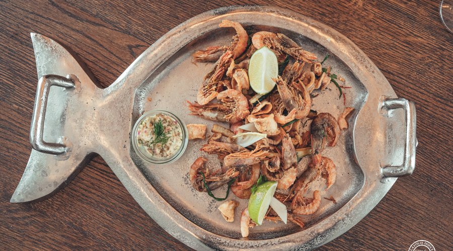Squids and Gamberoni Fritto Misto, Caper Sauce, Lemon.