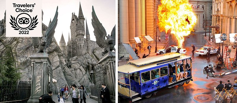 Left: Gray stone castle and large gate flanked by winged creates; Right: Tour trolley going through scene with police cars and large fire