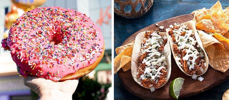 Left: Hand holding up large donut with pink frosting and sprinkles; Right: Wooden board topped with two tacos, tortilla chips, and lime wedge
