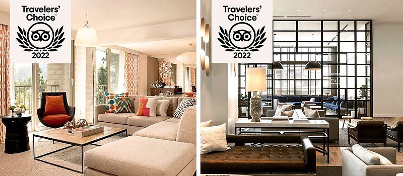 Left: Living space with tan couch and patterned pillows, and glass door leading to balcony; Right: Minimalist, modern lobby with various seating and large mirror