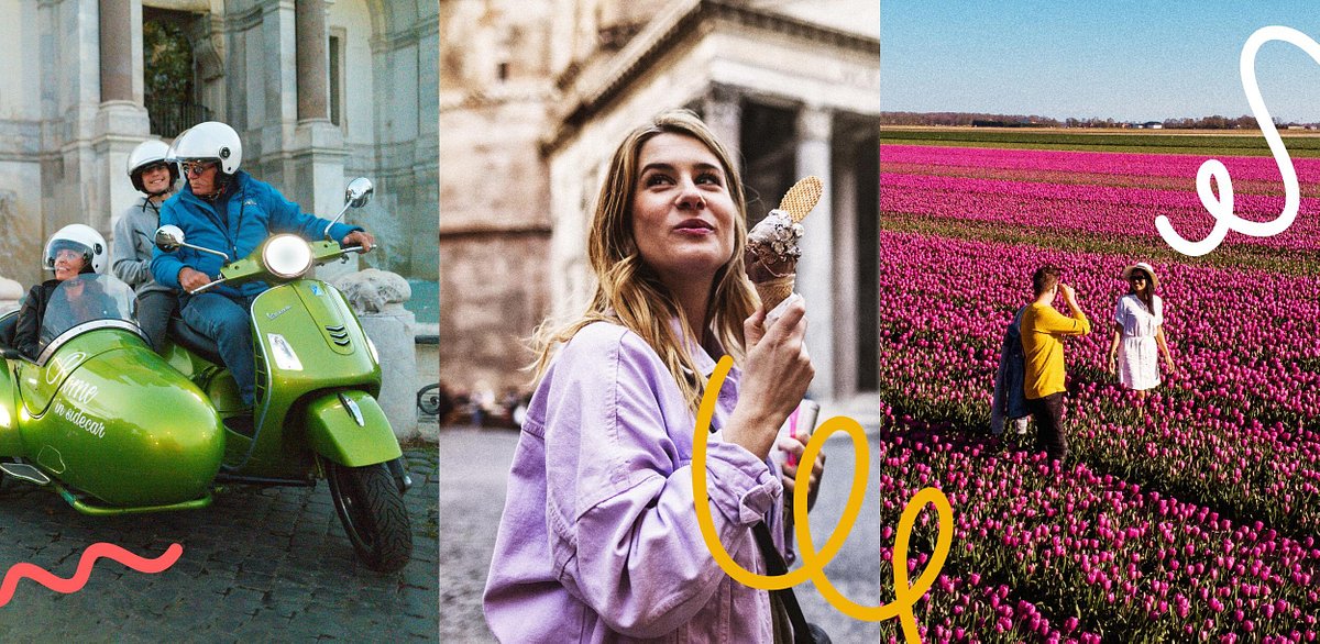 Fotomontage von Reisenden im Frühling: auf einer Vespa-Tour, beim Eisessen und beim Fotografieren in einem Tulpenfeld