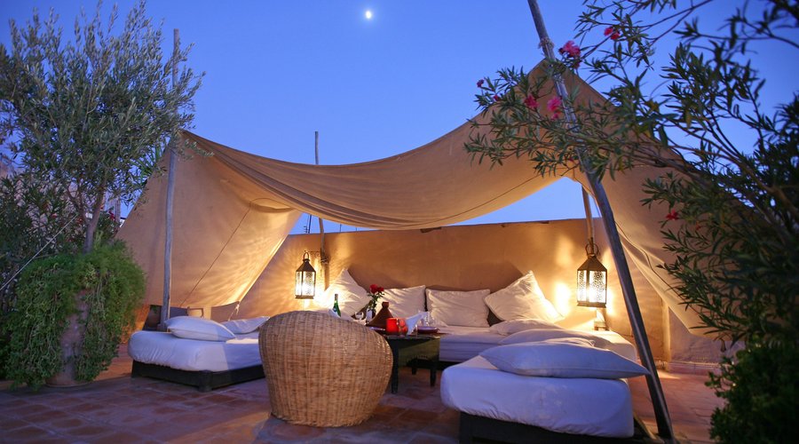 The magnificent roof terrace at Riad O2, where you can enjoy breakfast or dinner or simply relax in the shade of the midday sun.