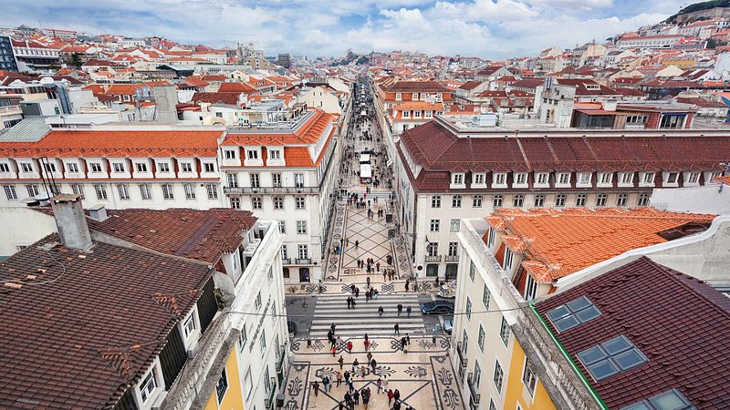 Aerial view of the Baixa District and Rua Augus ta in Lisbon, Portugal 