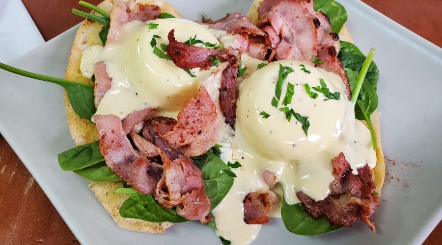 Eggs Benedict salmon and one bacon