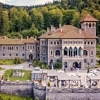 Front view of Cantacuzino Castle in Romania