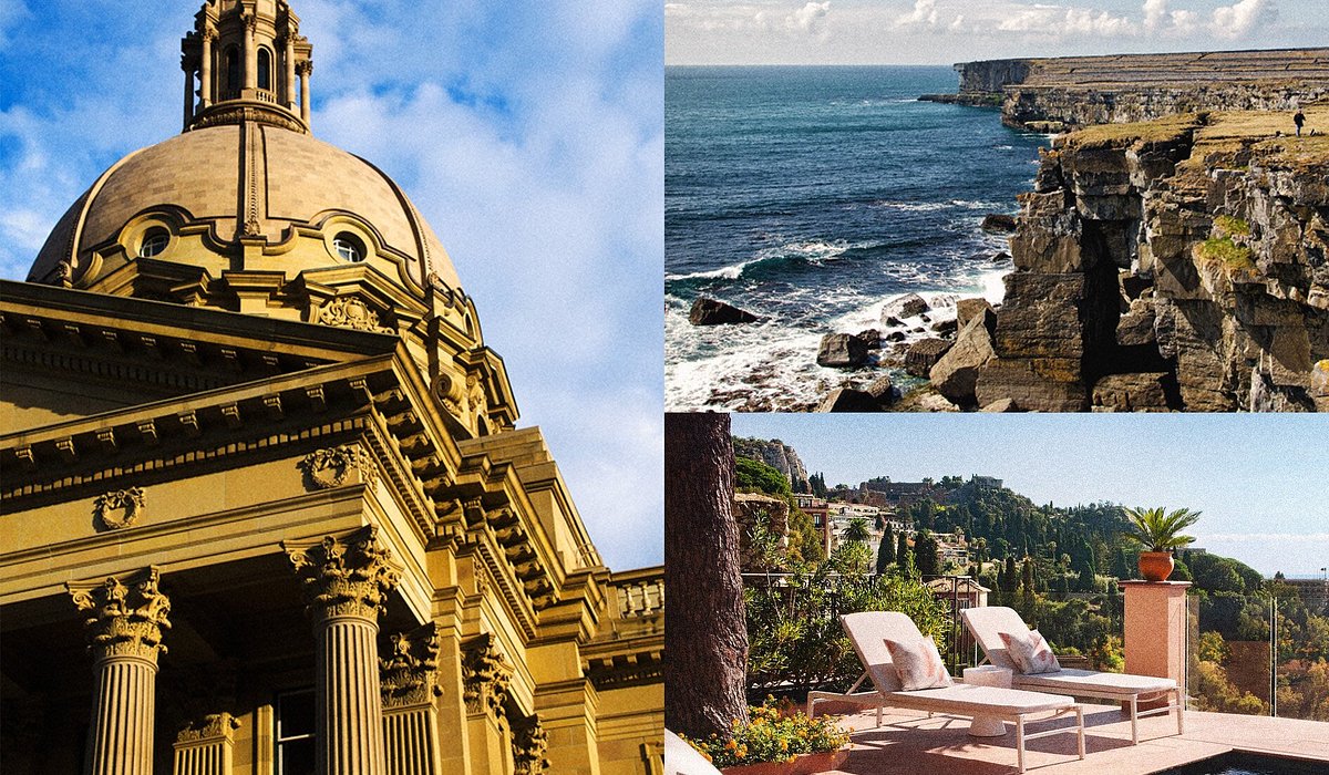 Collage of images: Person walking at the cliffs on Inishmore in Ireland, Edmonton Legislature building in Alberta, Pool of San Domenico Palace in Sicily