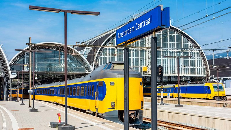 Trains outside Amsterdam Centraal Railway Station