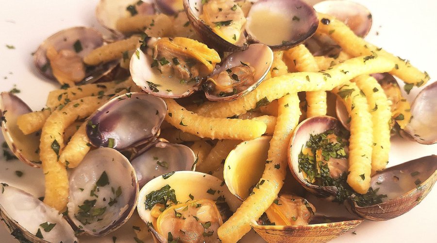 "Passatelli Asciutti. PASATELLI fatti a mano con Vongole Veraci, Datterino e battuta di Prezzemolo. "
