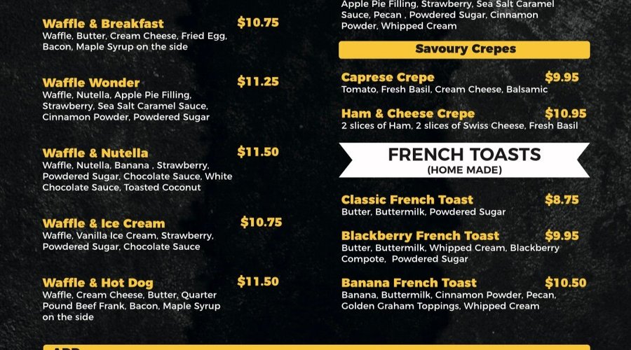 Waffle , Crepe, French Toast menu
