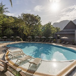 A refreshing pool with a stunning mountain view in Ao Nang.