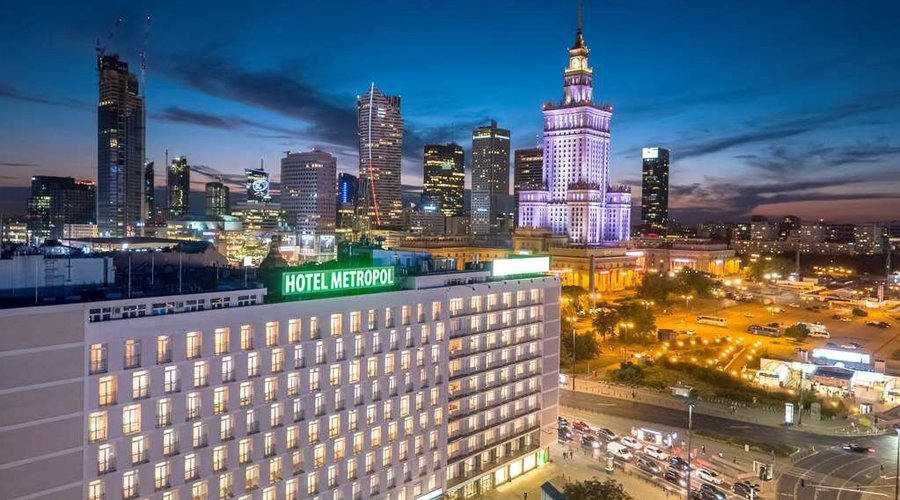 Metropol Hotel facade by night