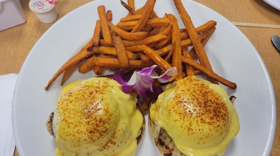 Crab Cake Benedict with Sweet Potato Fries