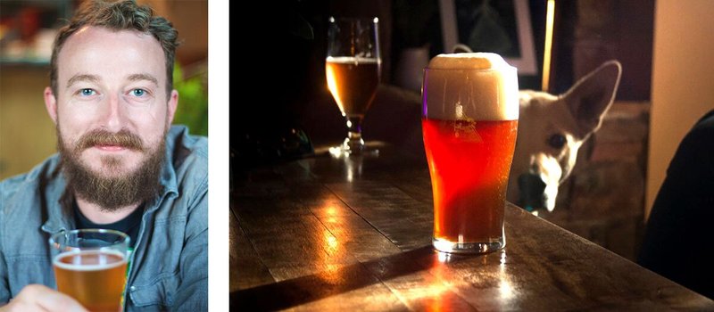 Left: Petyo smiling while holding glass of beer; Right: Dog peeking behind glass of beer on wooden table