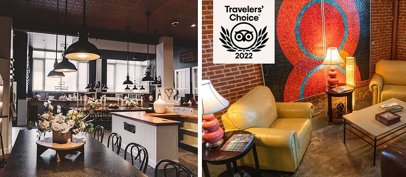 Left: Restaurant with black and white decor, and floral arrangements on tables; Right: Sitting area with two leather chairs art on brick wall
