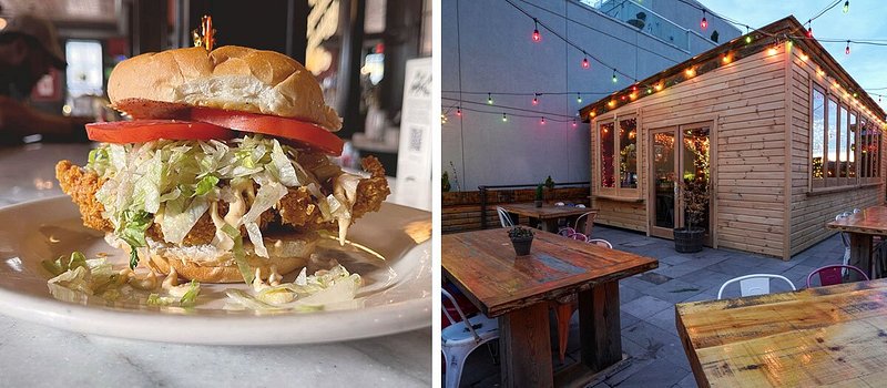 Left: Fried chicken sandwich with lettuce and tomato; Right: Outdoor patio area with wooden tables and colorful string lights