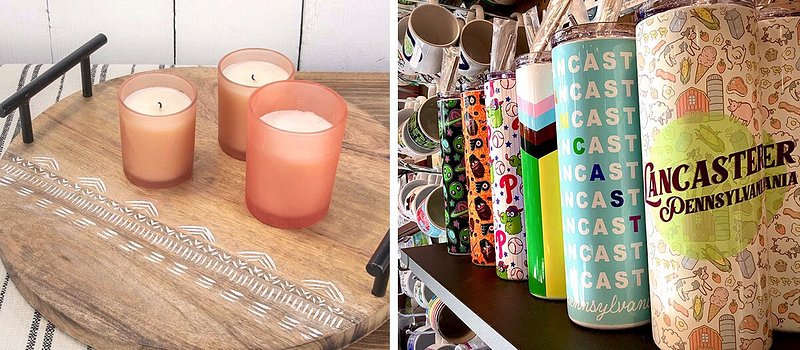 Left: Wooden tray topped with three pink candles; Right: Shelf of funky-printed goods and wall of hanging mugs