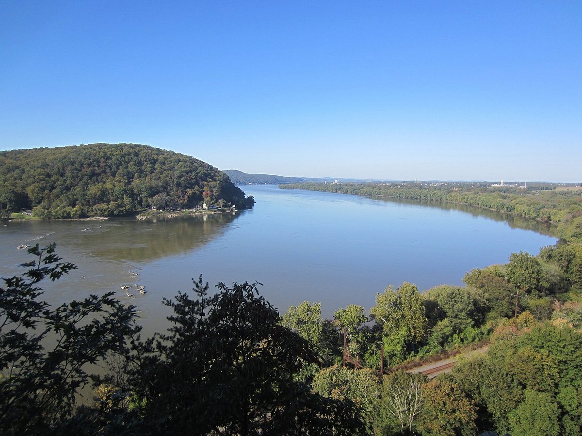 Overlook of Susquehanna River surrounded by green trees