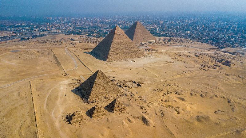 Aerial view of the Pyramids of Giza, Egypt 