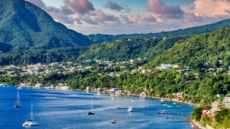 Blue water and green hills of Rosseau, Dominica 