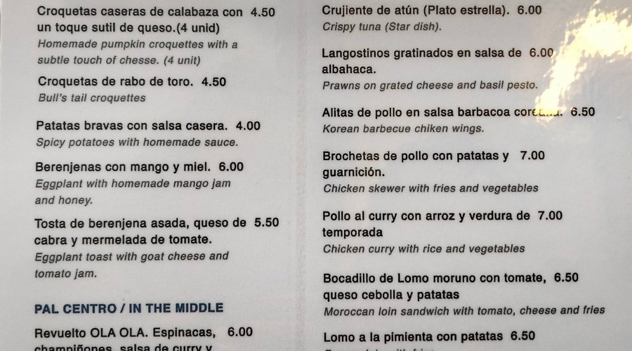 Menú ola ola tarifa 