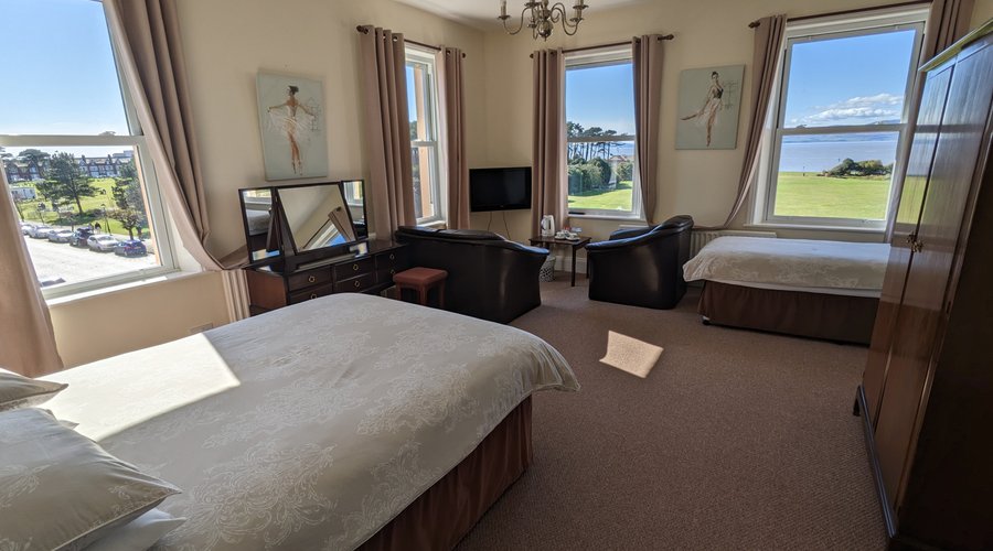 Second floor, corner aspect, Superior, spacious family room with full en suite bathroom.  uninterrupted panoramic views of the Solway and Scotland.  Often let as Double or twin room. 