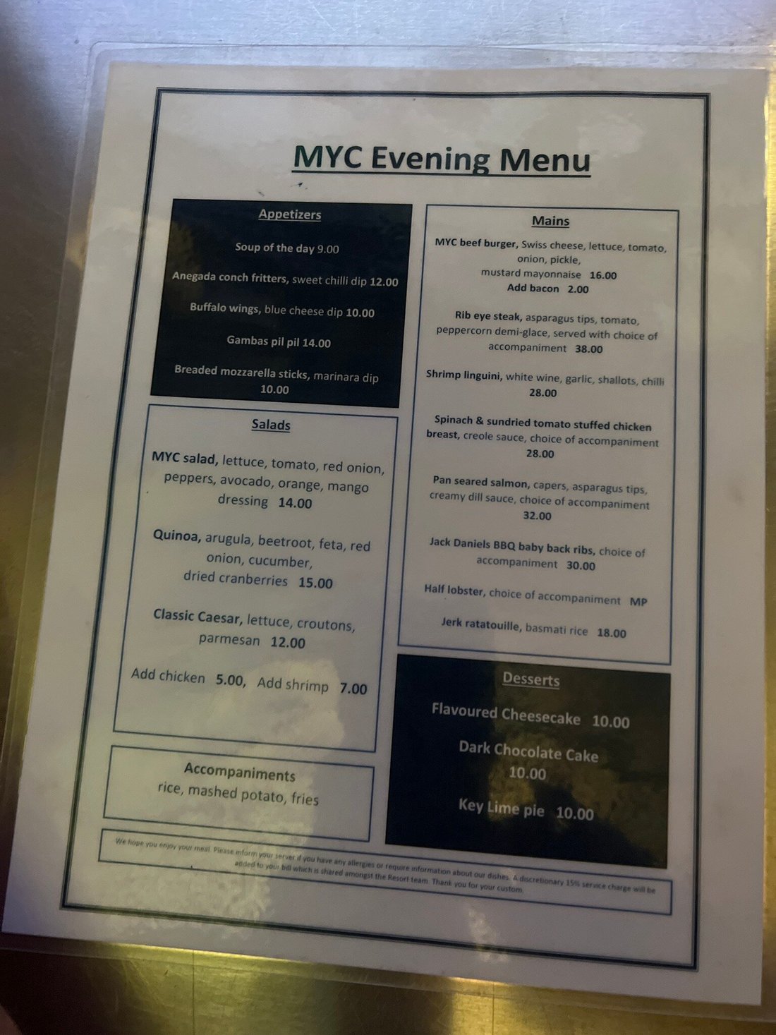 moorings yacht club menu